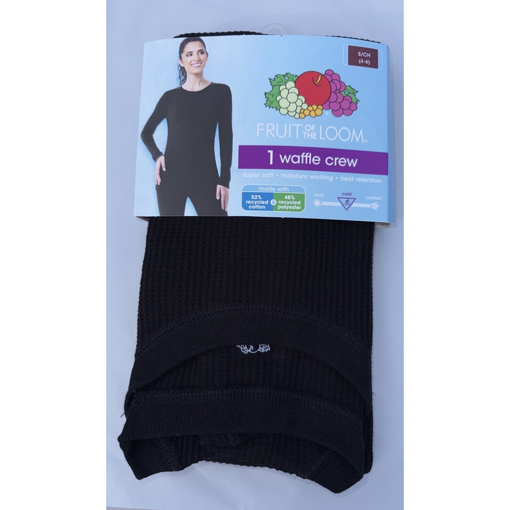 Fruit of the Loom Women's Small (4-6) Waffle Thermal Crew Top Black Base Layer